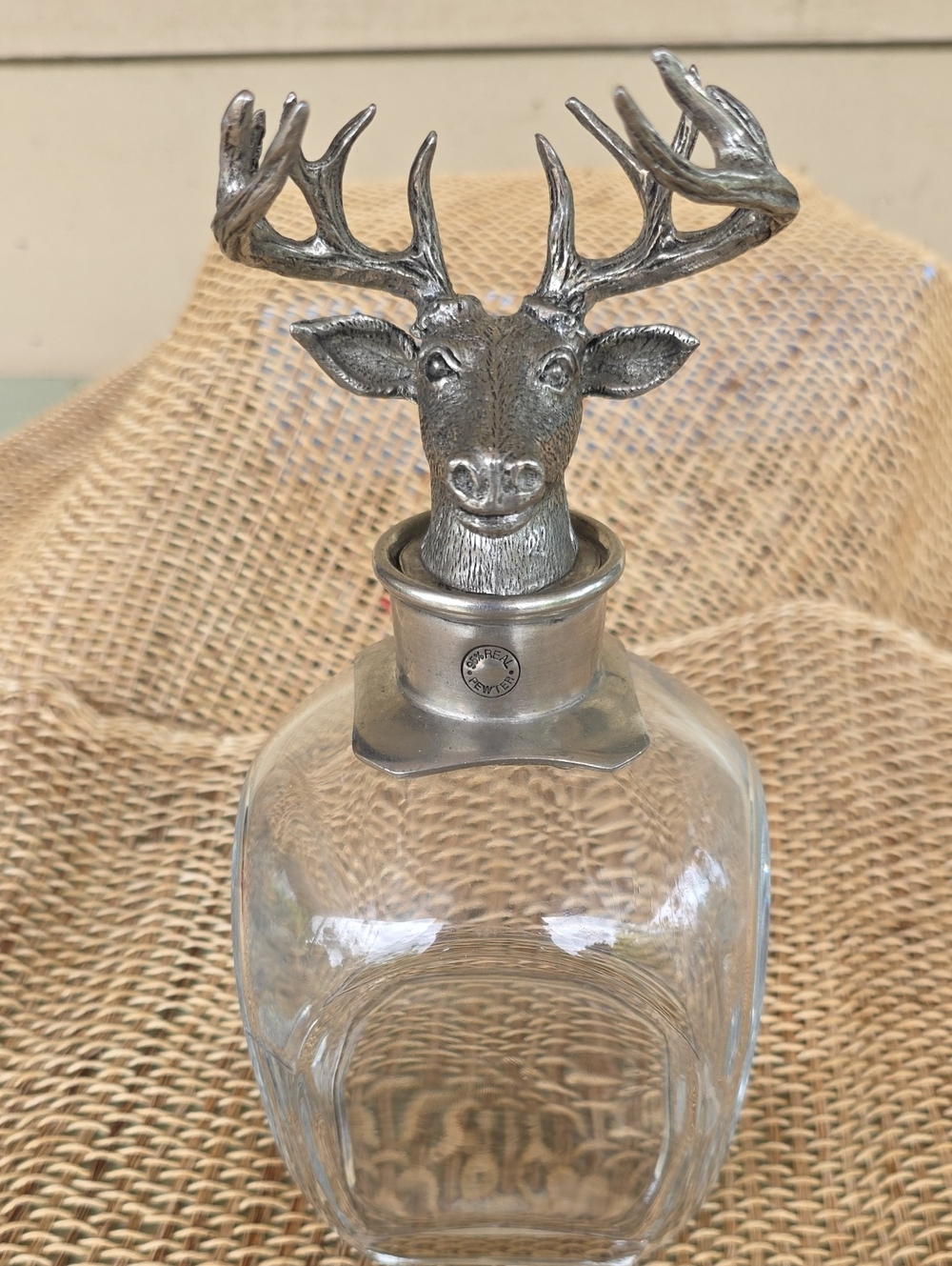 Pottery Barn Figural Stag Deer Head Decanter Blown Glass Pewter